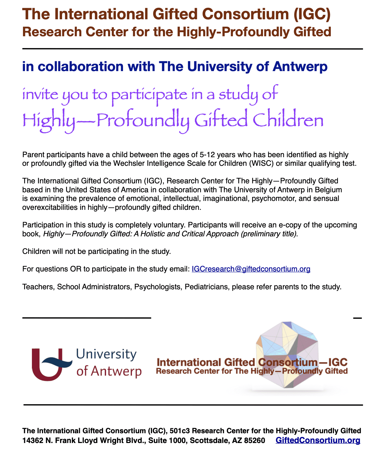 International Gifted Consortium, Research Center for the Highly